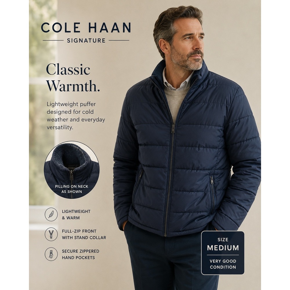 Cole Haan Signature Mens Navy‎ Blue Quilted Puffer Jacket Size Medium Full Zip